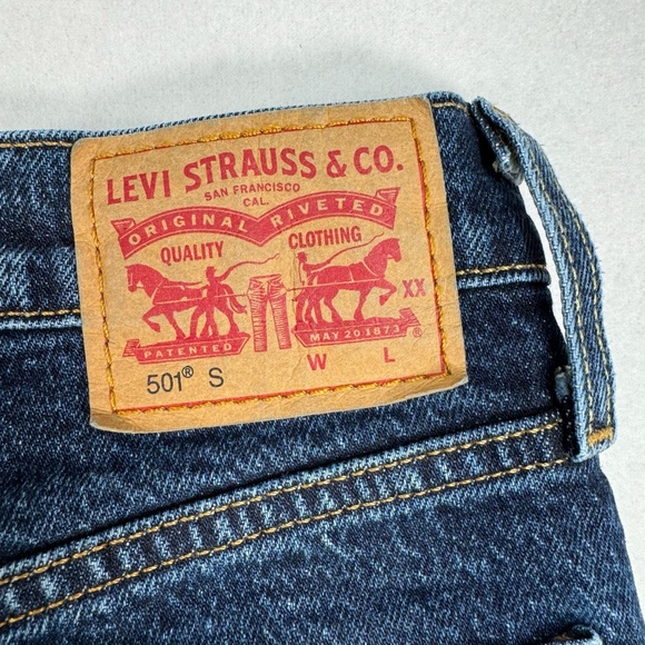 Levis 501 Straight Leg Jeans Size 29X28 Dark Wash Denim Button Fly Distressed - Picture 14 of 16